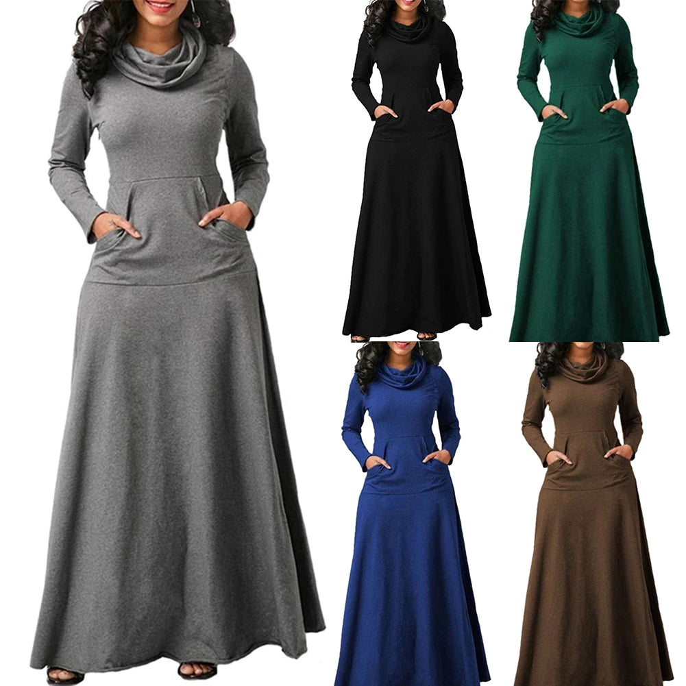 2023 Nou toamnă/iarnă culoare solidă patchwork cu buzunar eșarfă bumbac rochie maxi dress