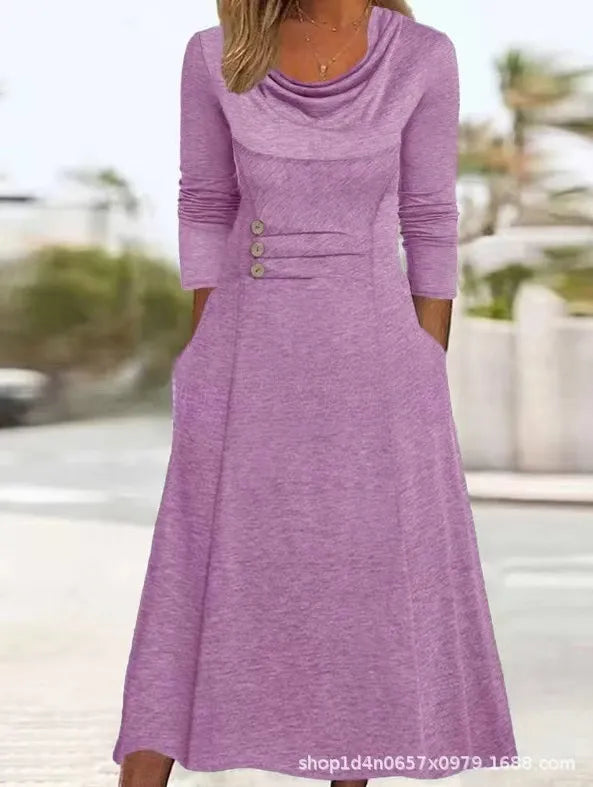 2023 noua rochie de toamna de culoare solida cu talie de buzunar cu gat rotund