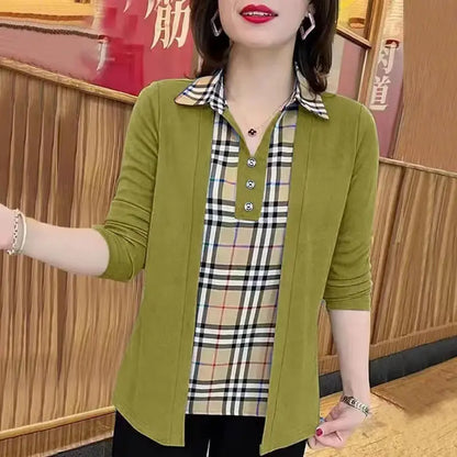 Autumn New Fashionable Stylish Plaid Long Sleeve Fake Two-Piece Top Loose Slimming Slim Fit Small Shirt Large Size Mom's Clothing