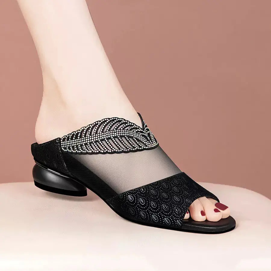 2023 Nouă piele moale din piele moale cu ochiuri de plasă Fashion Rhinestone Fish Mouth Sandals