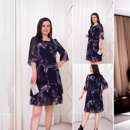 💕【70%OFF】【S-5XL】👗Rochie elegantă cu imprimeu din plasă, cu mâneci cu volan