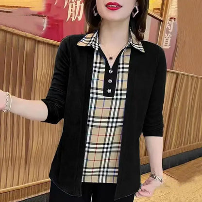 Autumn New Fashionable Stylish Plaid Long Sleeve Fake Two-Piece Top Loose Slimming Slim Fit Small Shirt Large Size Mom's Clothing