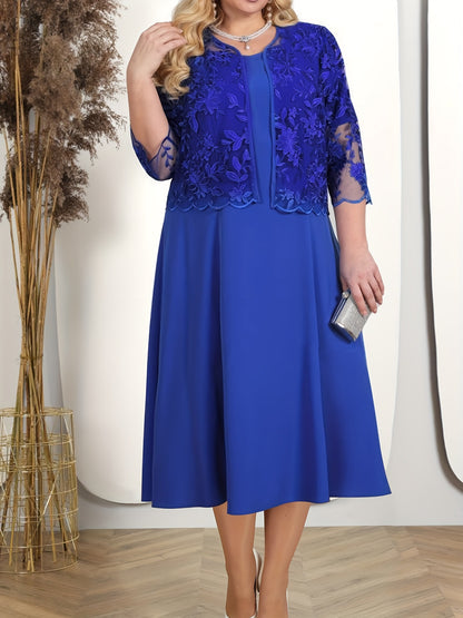 【L-5XL】Rochie din dantela brodata, set 2 piese