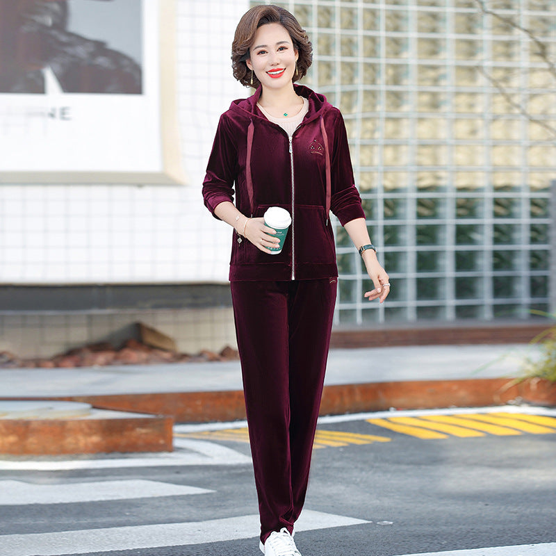 2023 Spring and Autumn New Women's Clothing Fashion Simple Gold Velvet Sports Suit 40-50 Years Old