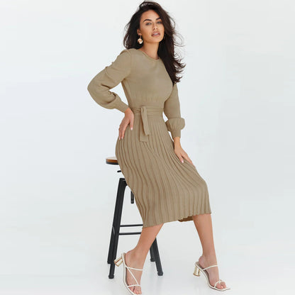 2022 Cross-Border Foreign Trade Women's New Autumn and Winter Knitting Dress Slim-Fit Pleated Mid-Length Bottoming Sweater Skirt