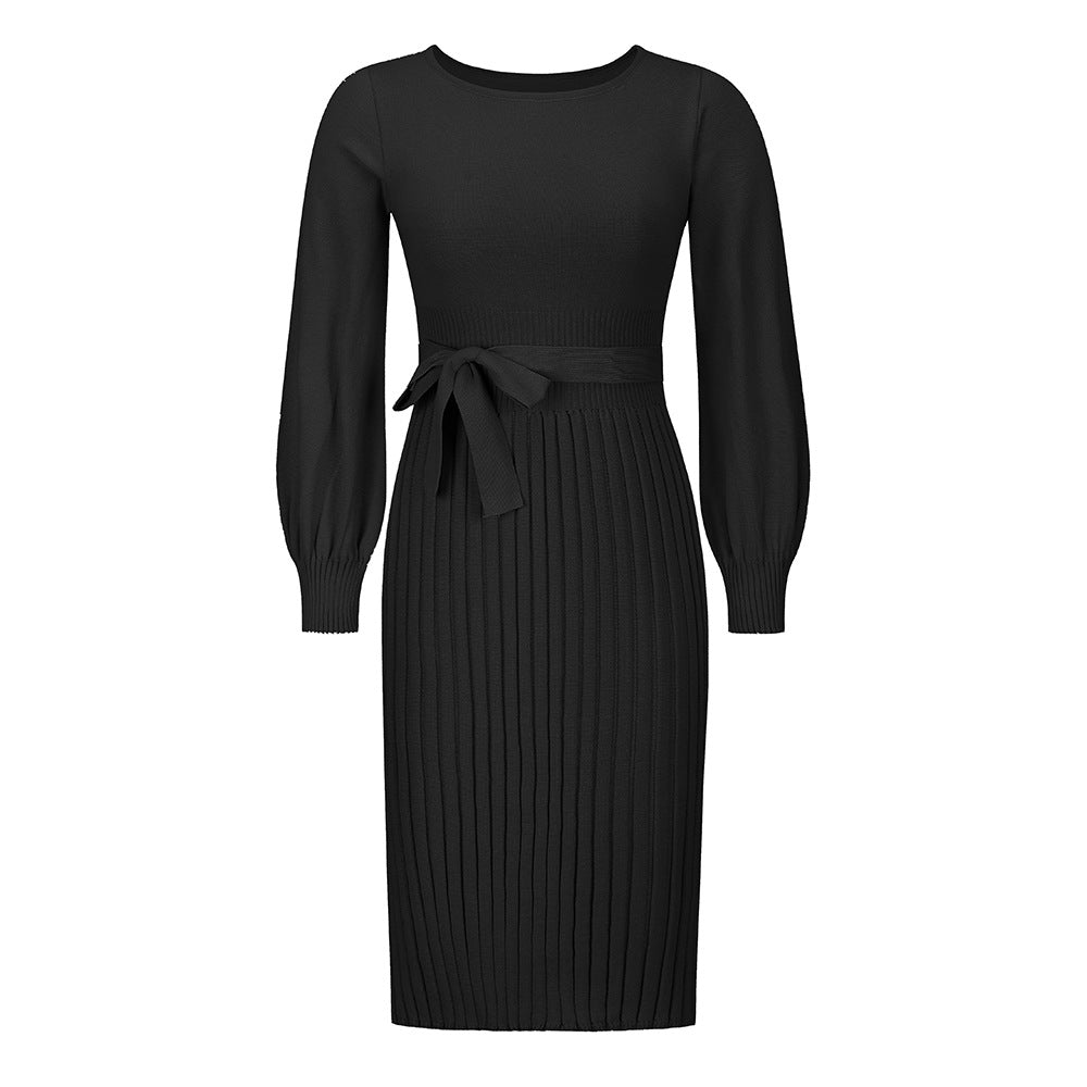 2022 Cross-Border Foreign Trade Women's New Autumn and Winter Knitting Dress Slim-Fit Pleated Mid-Length Bottoming Sweater Skirt