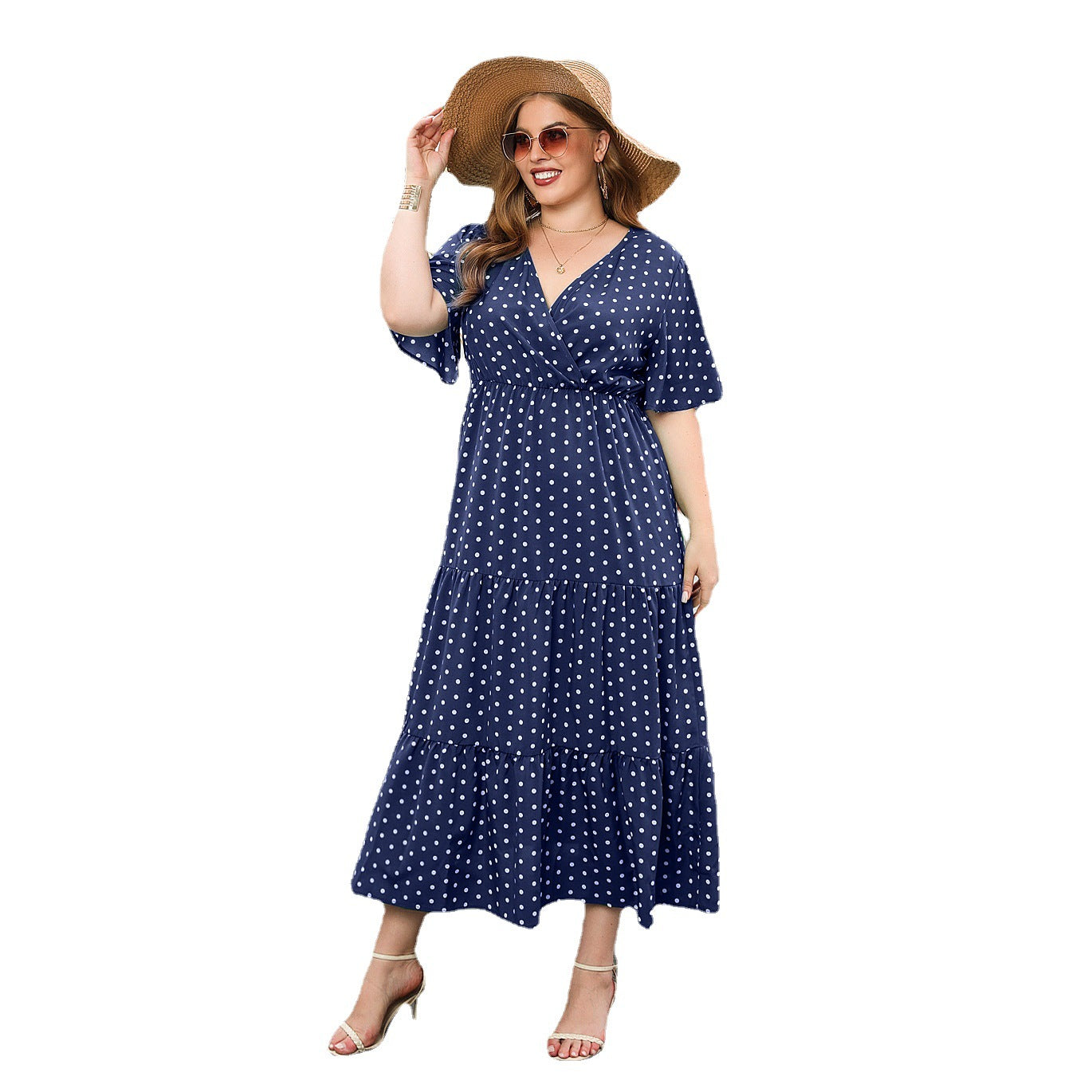 【XL-4XL】2023Rochie casual de vara de vara pentru dama cu buline, cu decolteu in V, fusta leagan eleganta de lungime mijlocie