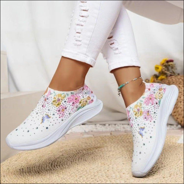 Pantofi sport pentru femei, cu flori cu strass, confortabili