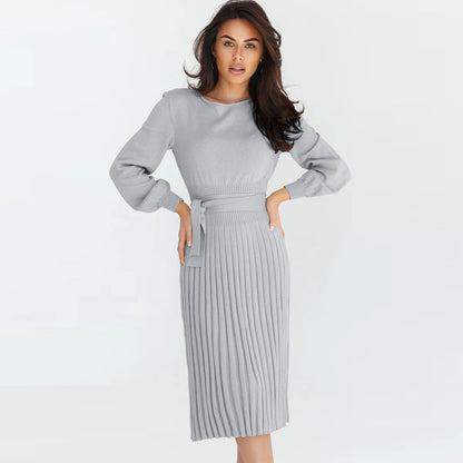 2022 Cross-Border Foreign Trade Women's New Autumn and Winter Knitting Dress Slim-Fit Pleated Mid-Length Bottoming Sweater Skirt