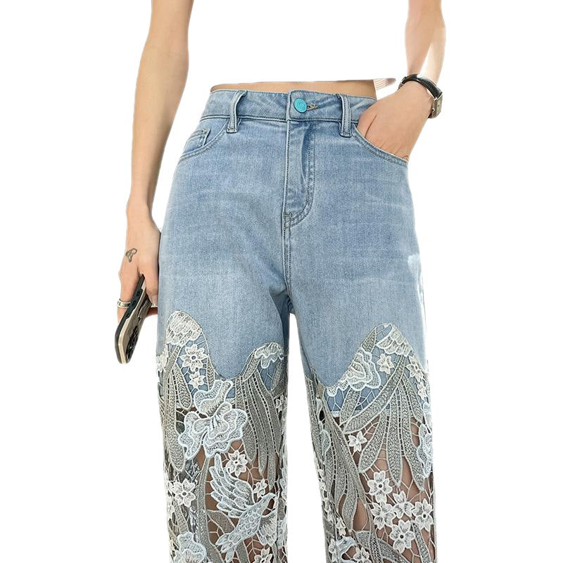 Cutout lace paneled jeans