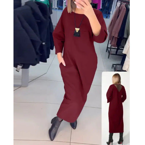 2024 noua rochie retro fashion cu maneca lunga, cu buzunare