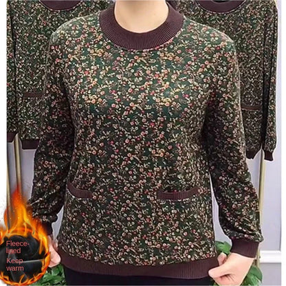 [L-5XL] Top floral din catifea, calduros, cu buzunare