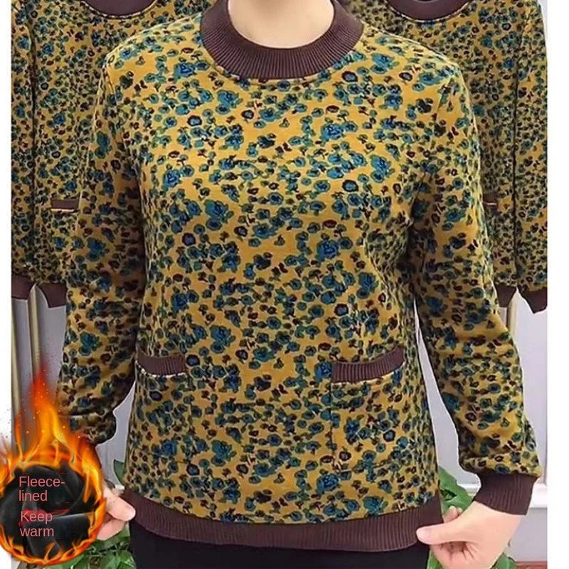 [L-5XL] Top floral din catifea, calduros, cu buzunare